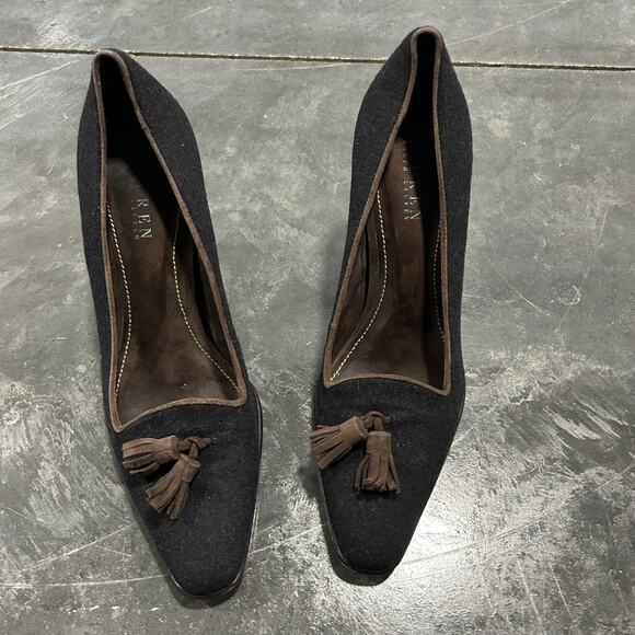 Ralph Lauren Caryl Gray Wool Flannel Pumps with Brown Suede Trim & Tassels Sz 10 - Picture 5 of 11